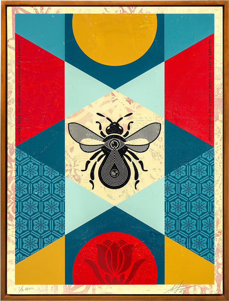 black bee on a geometric red, blue, and yellow background