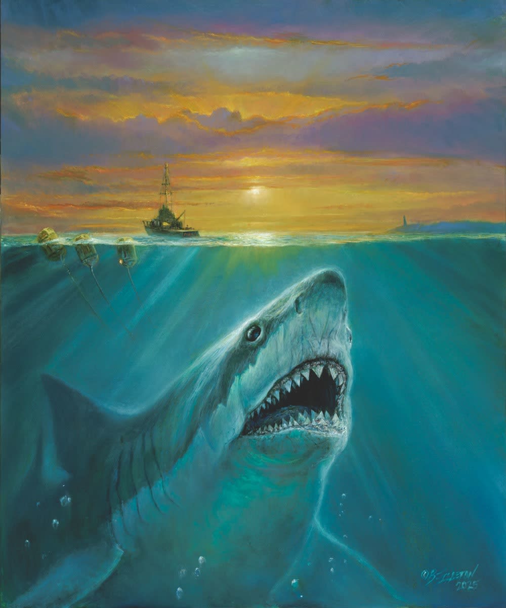 painting of a big shark swimming up towards a boat floating on the water