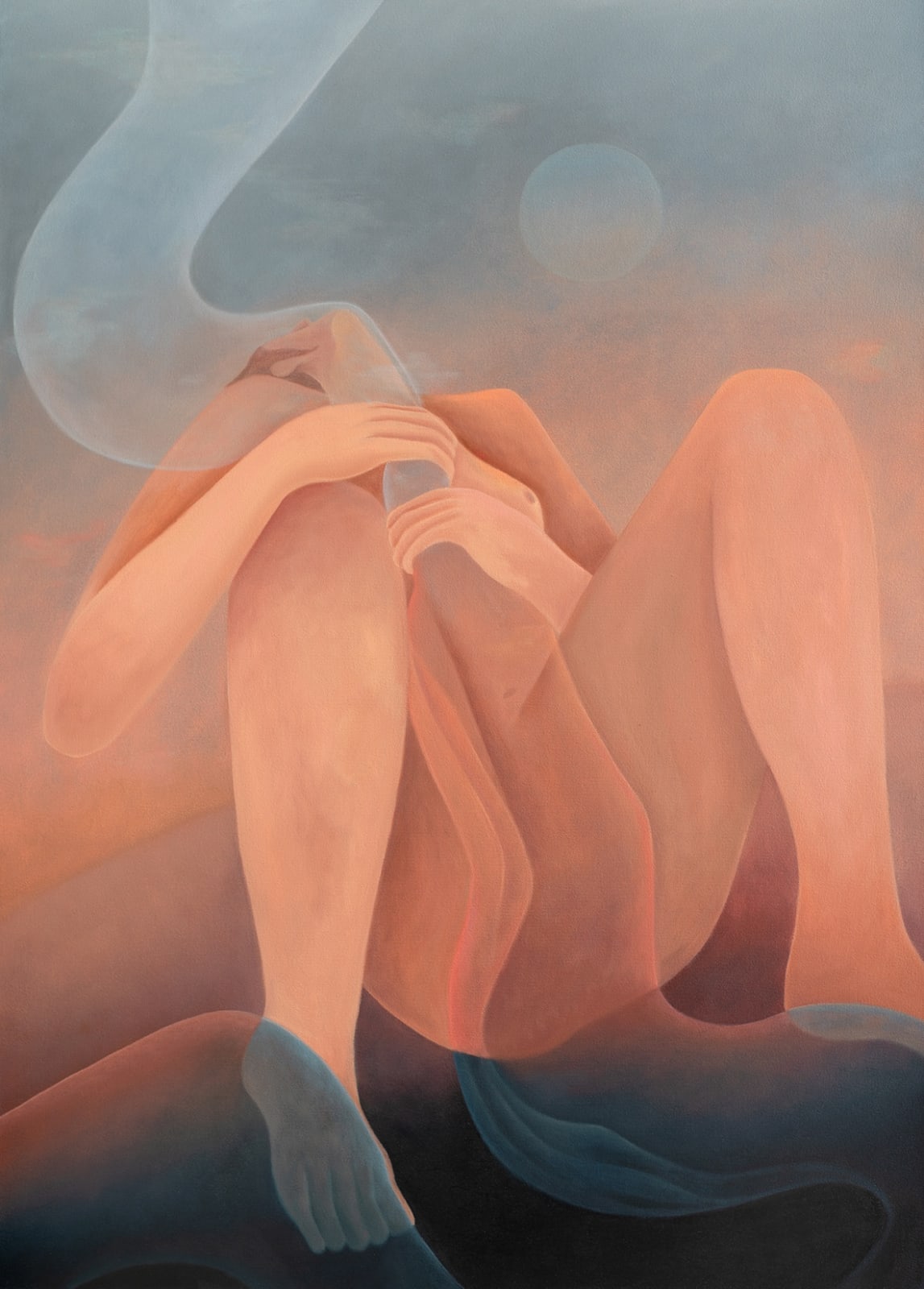 Painting by Laura Berger of a naked figure sitting with their knees up and head thrown back and a faint moon in the background
