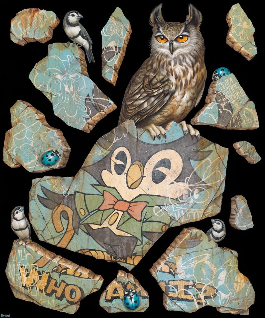 Painting of a broken stone with an owl illustration and a realistic owl sitting on the stone