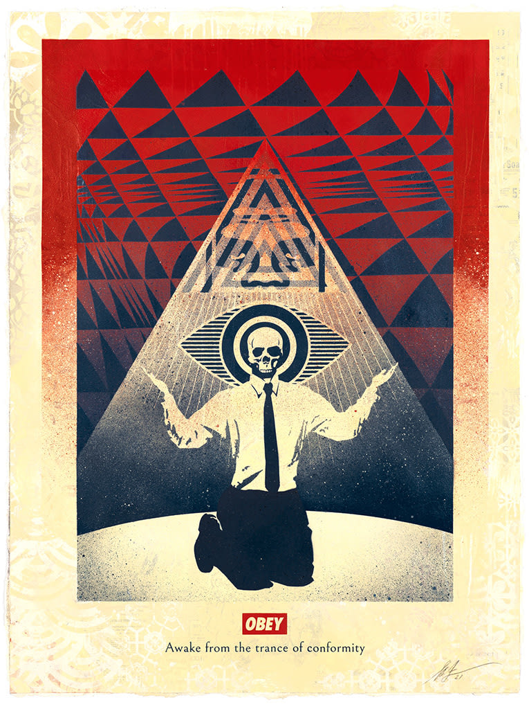 man with a skeleton head kneeling with his arms out with a pyramid behind him and an eye shape around his head. The OBEY logo is on the bottom with text below it