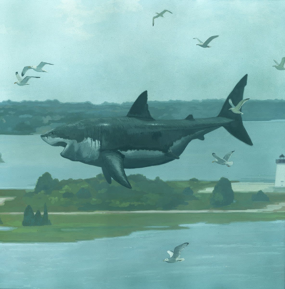 painting of a big shark flying in the air amongst birds