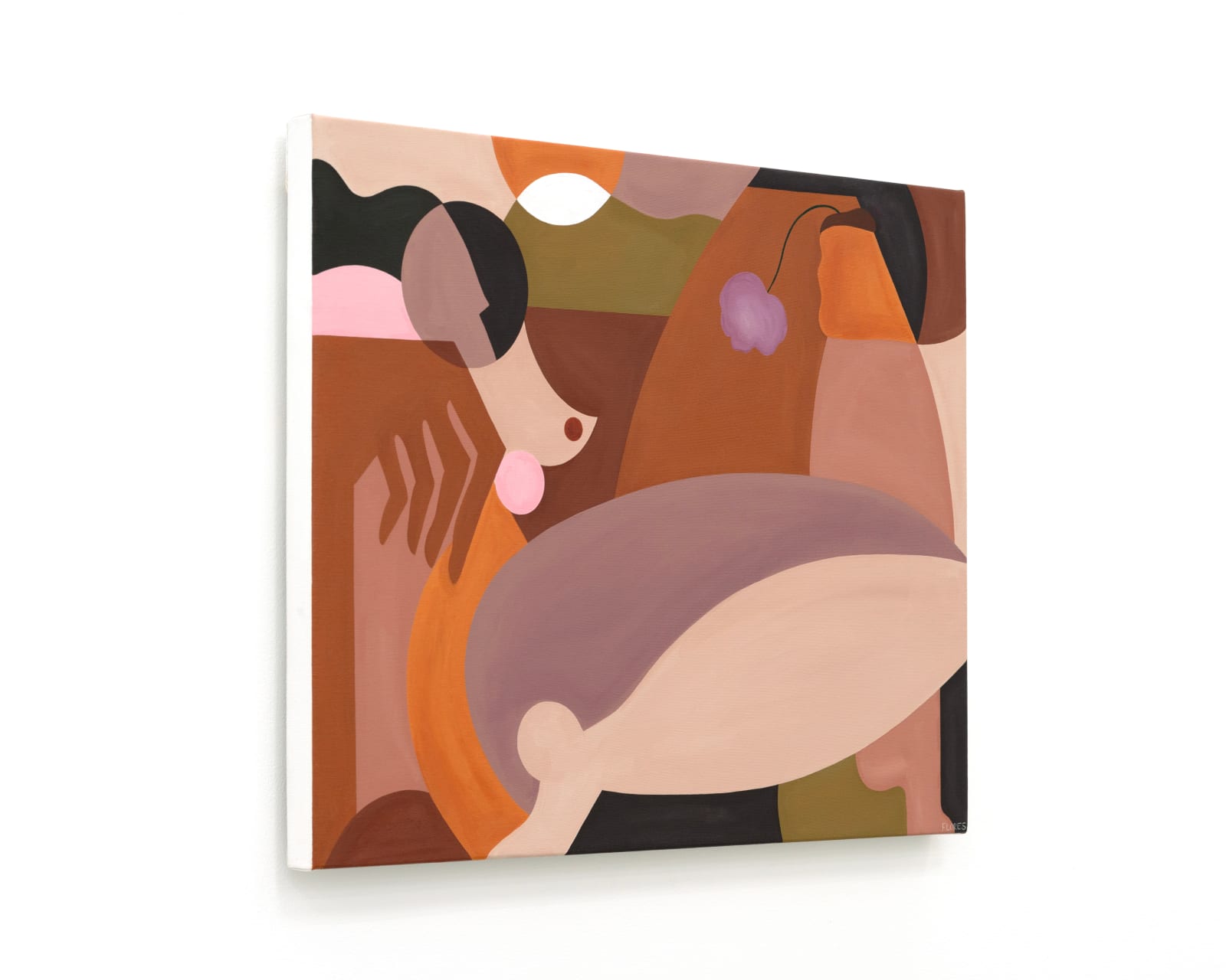 Abstract painting of a woman holding a purple flower.