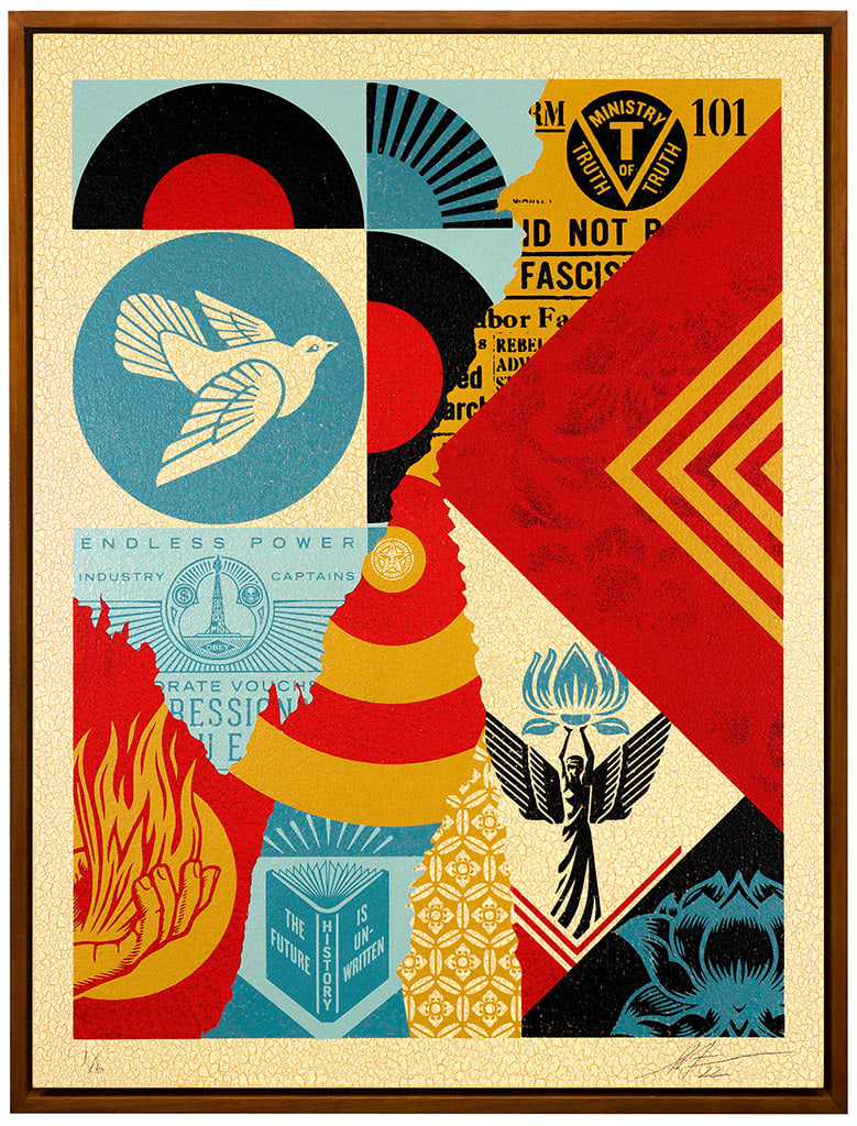 collaged image including various red, blue, and yellow text, images, oatterns, and shapes including a dove, flames, and a lotus