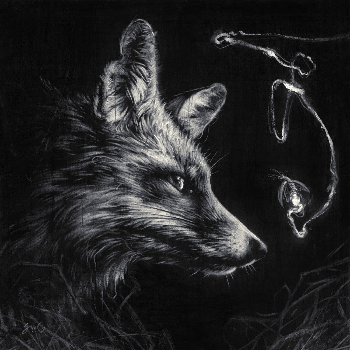 Painting of a wolf in grey scale