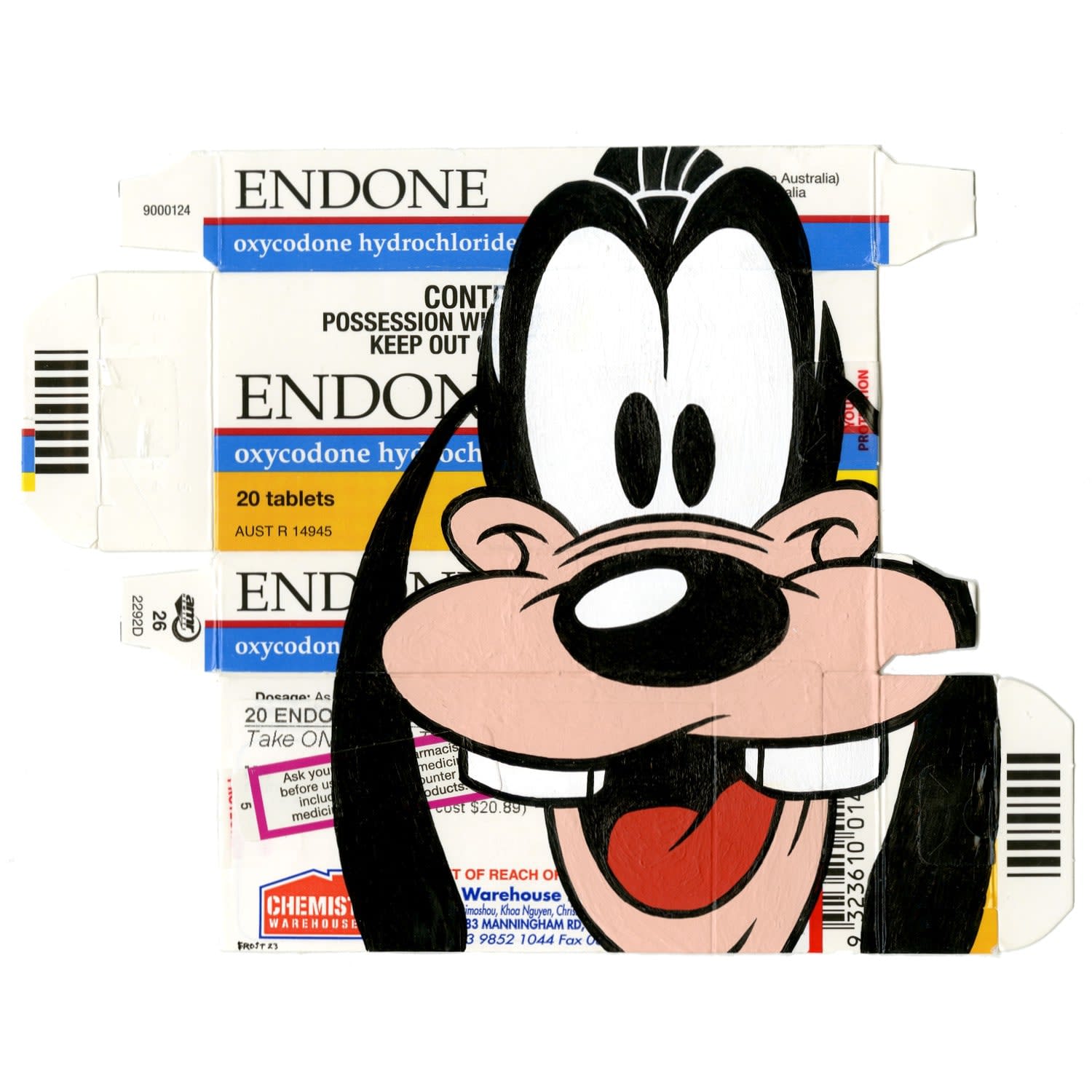 Cartoon character Goofy painted on Endone packaging
