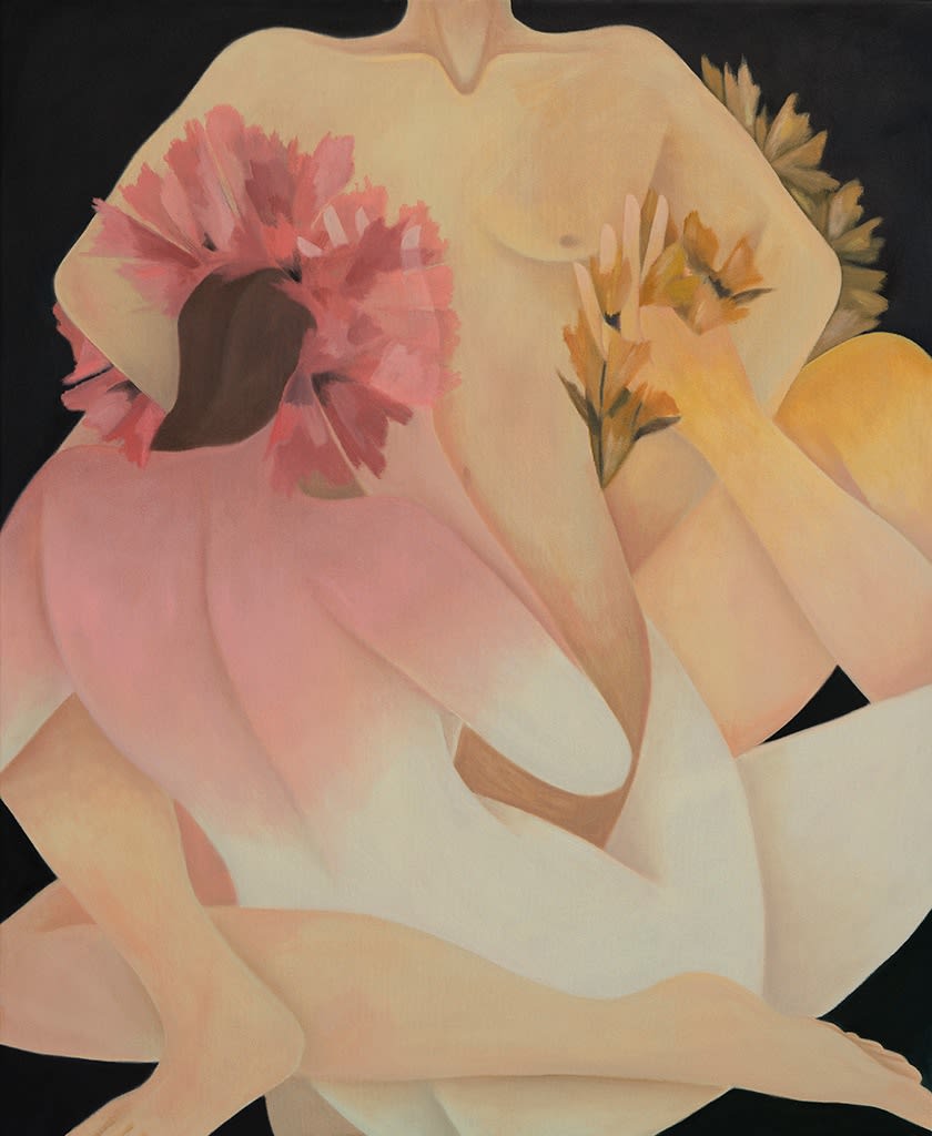 Painting by Laura Berger of three naked figures holding large flowers