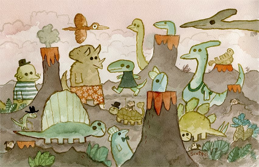 painting of multiple different types of dinosaurs