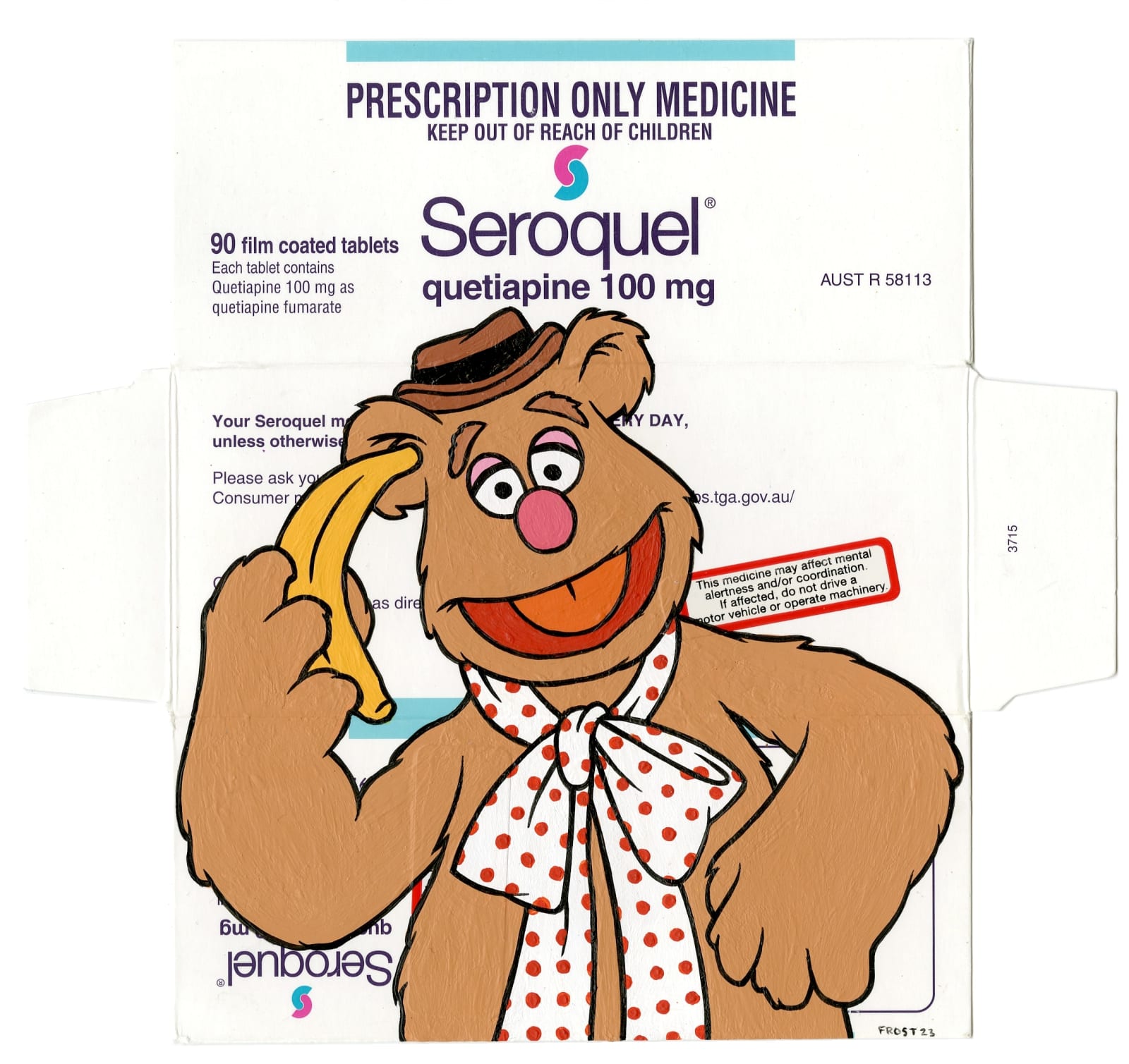 cartoon character Fozzie bear painted on Seroquel packaging