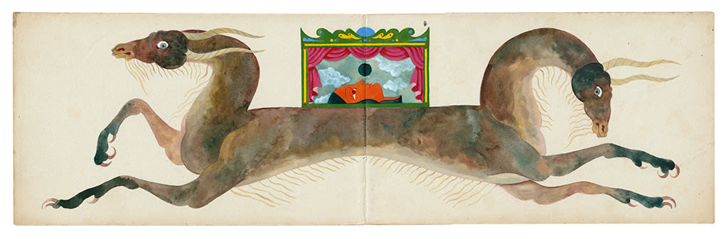 Watercolor painting of a two headed horse looking creature with a stage on its back with red curtains