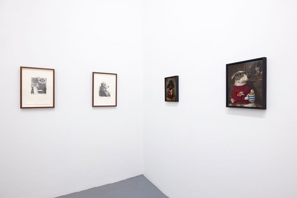 Install photo of Alison Friend's paintings hanging on a white wall