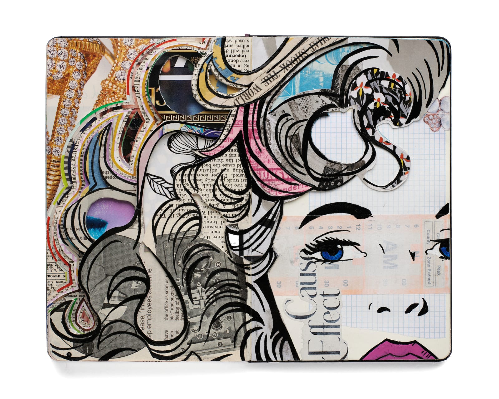 Painting of a woman using cutouts from newspaper and magazines to create her face and curly hair