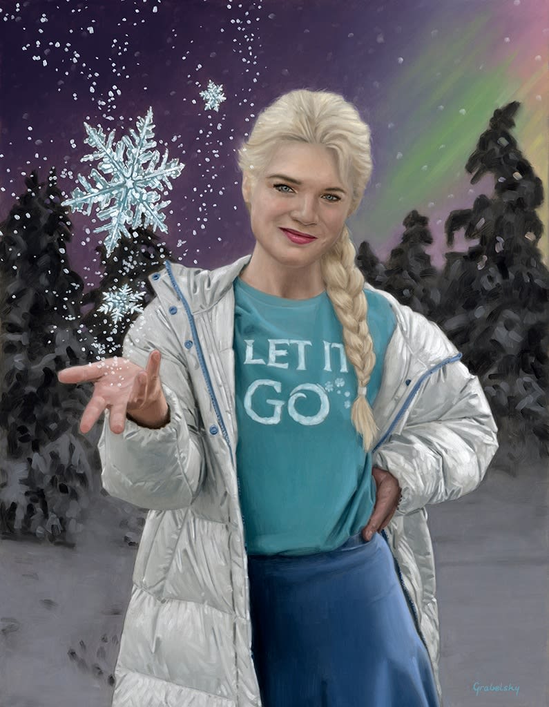 Painting of princess Elsa standing in a snowy forest holding a snowflake