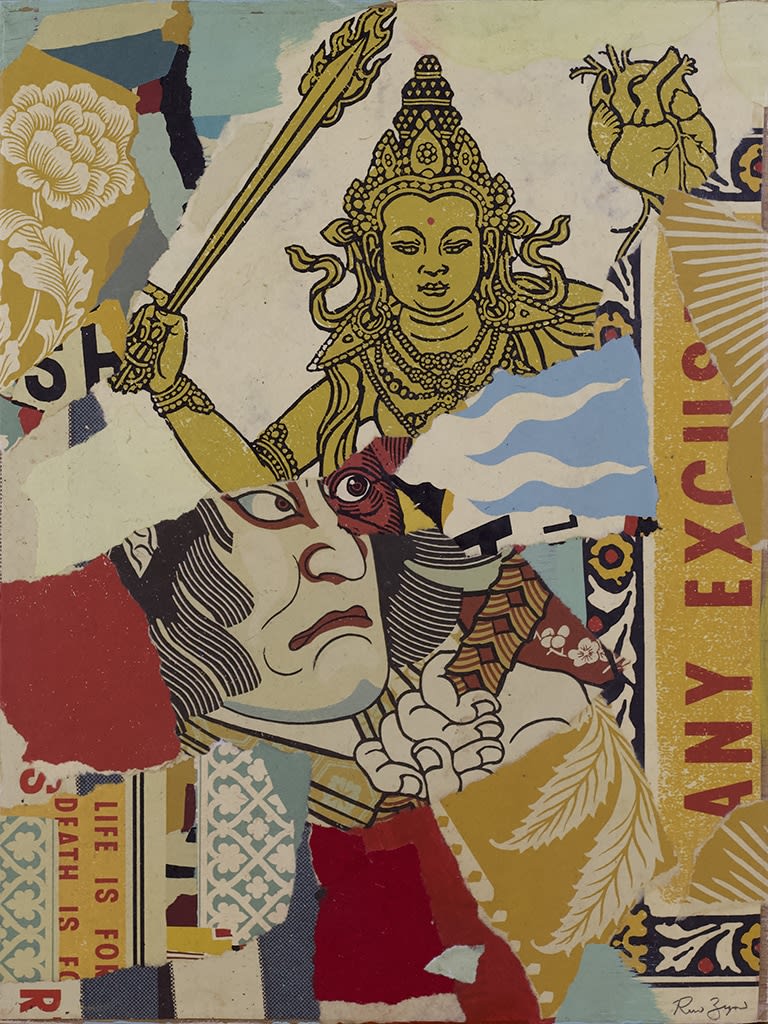 collage of torn up screen prints of religious and historical symbols