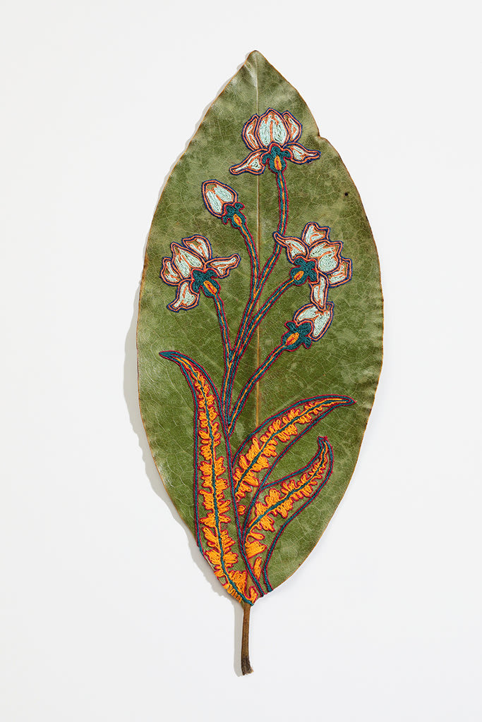 Hillary Waters Fayle hand embroidered floral design on leaf