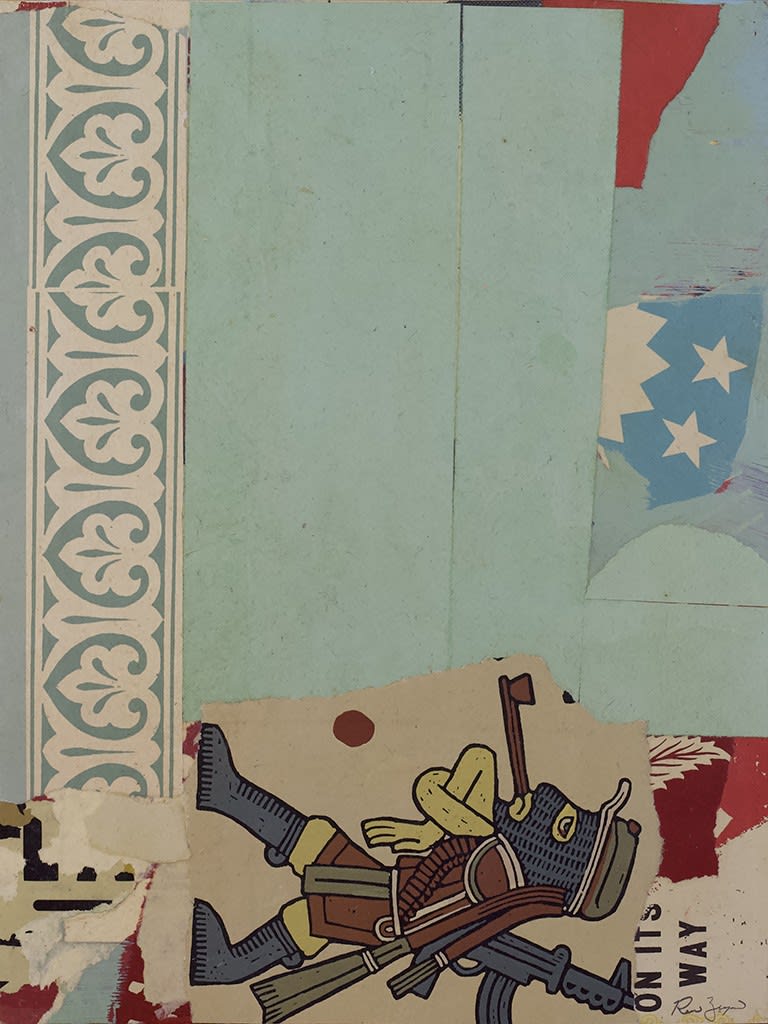 collage of torn up screen prints of religious and historical symbols