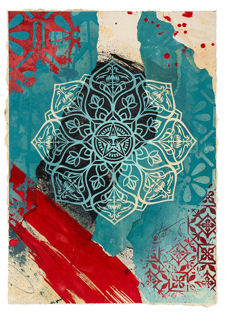 white mandala on a blue, red, and beige background