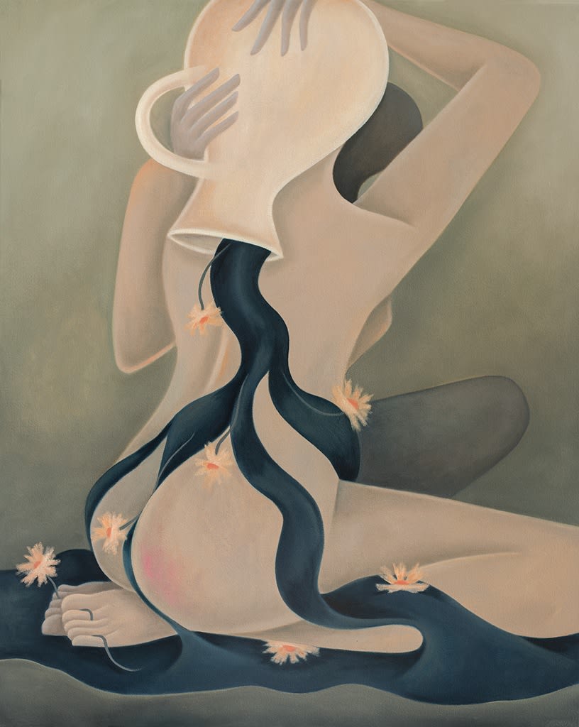 Laura Berger's painting of a woman pouring water on herself with flowers