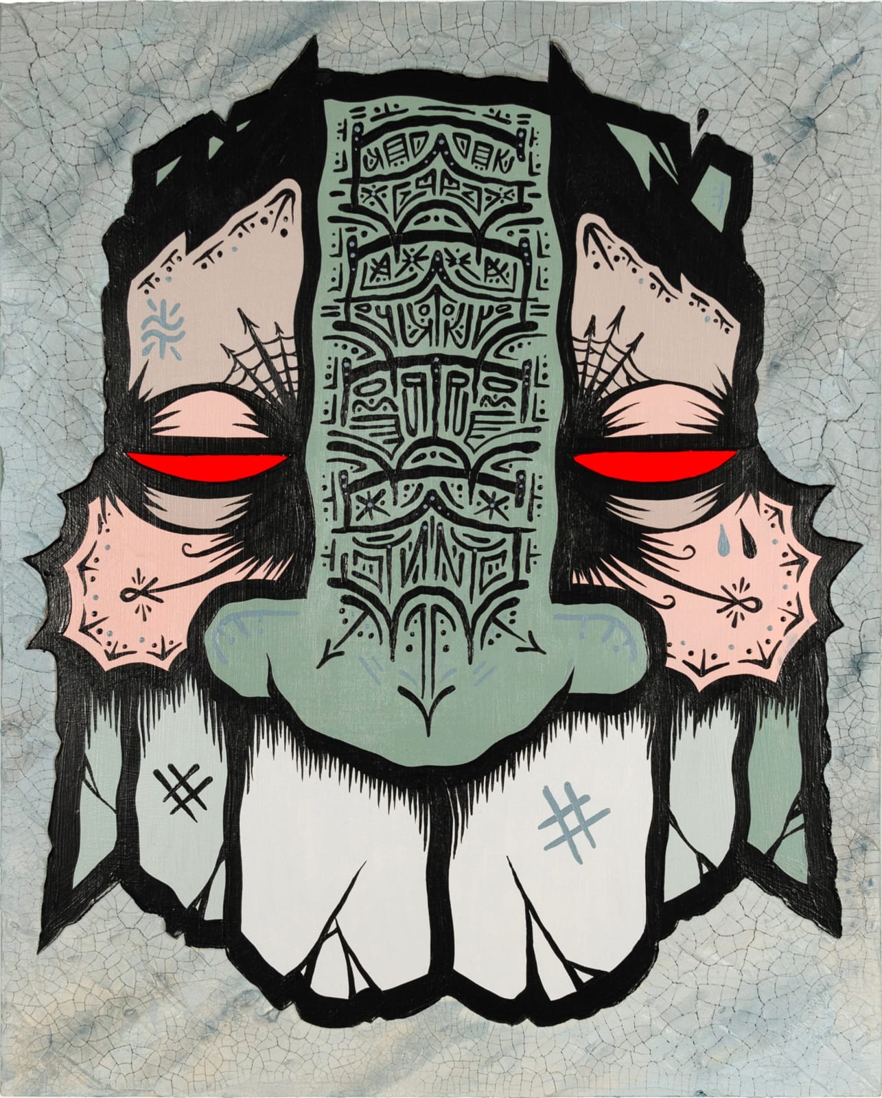 image of green and pink mask tribal mask on a grey background