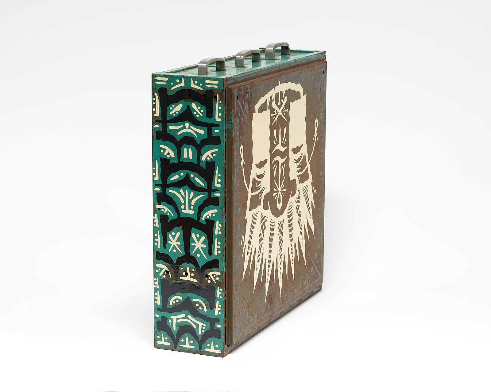 vintage filing cabinet adorned with designs of a geometric figured