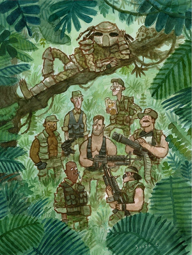 human soldiers in the jungle with a predator character above them