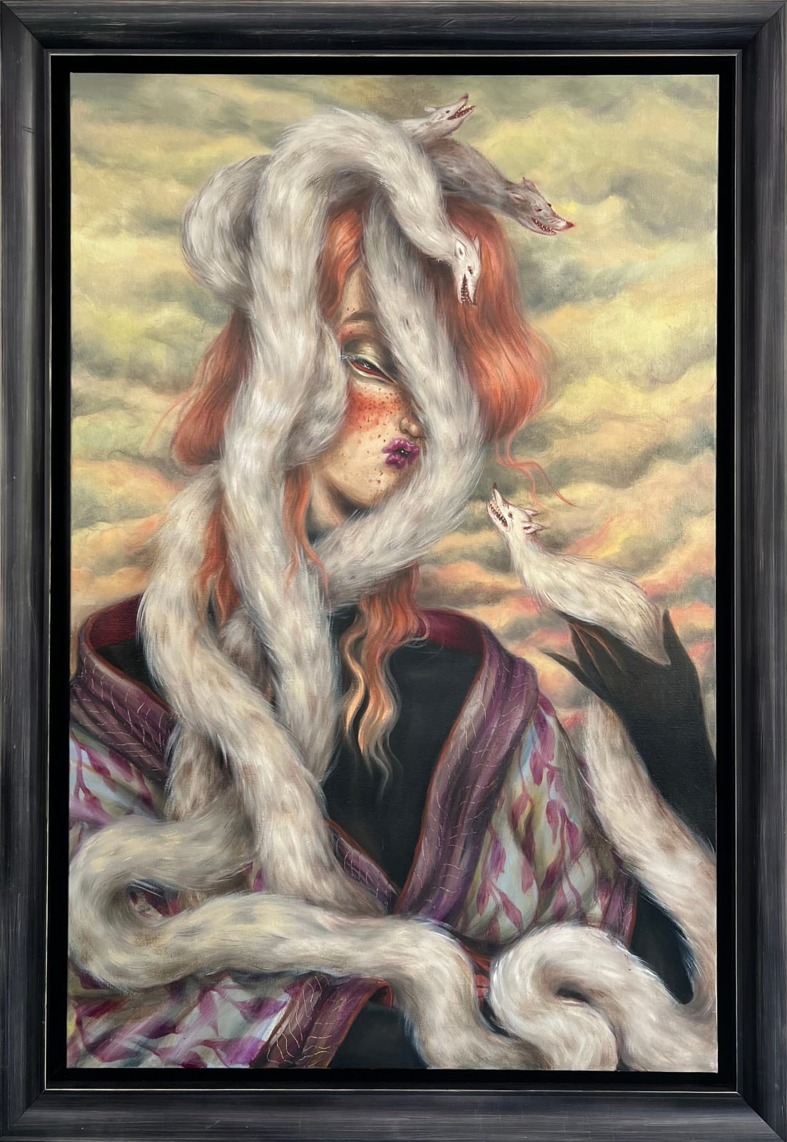 painting of a muse covered in elongated foxes by Miss Van