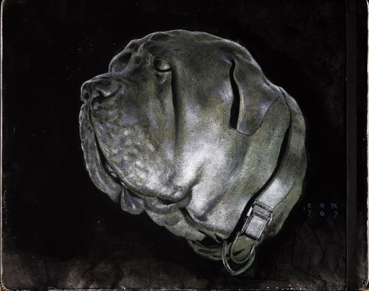 Painting of the head of a big droopy dog in black and white with a black background