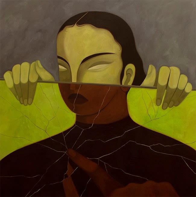 A green Woman peering over the top of a broken mirror that is reflecting the image on another woman