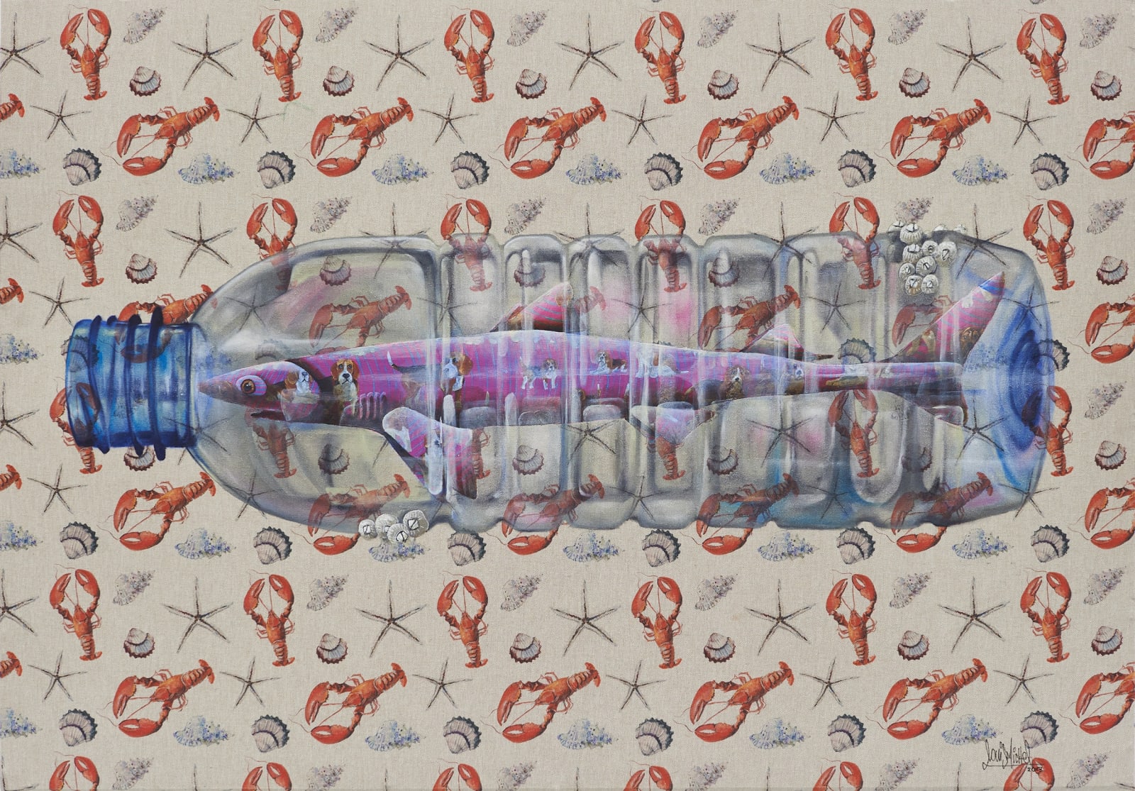 painting of a shark stuck inside of a clear plastic water bottle