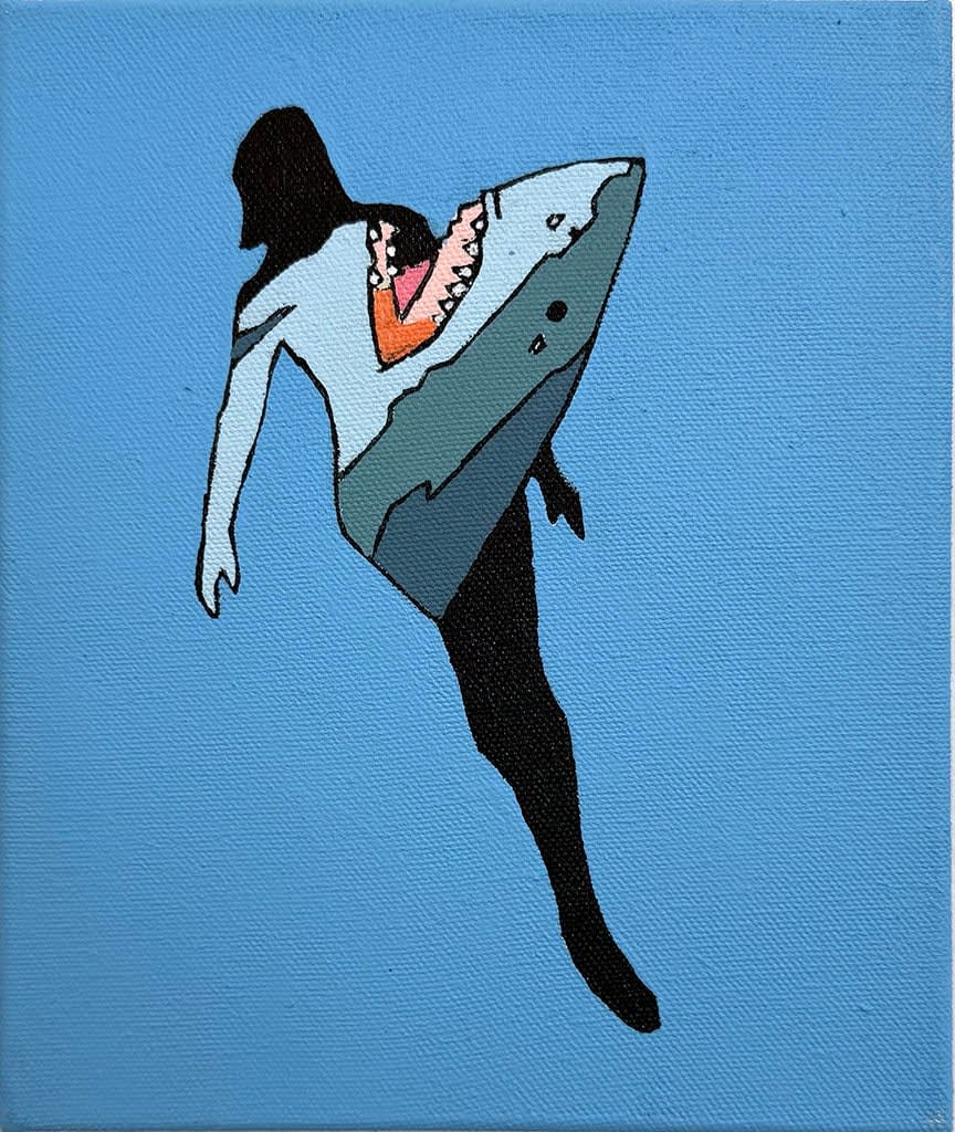 Sonny Day painting of human silhouette with shark coming out of torso