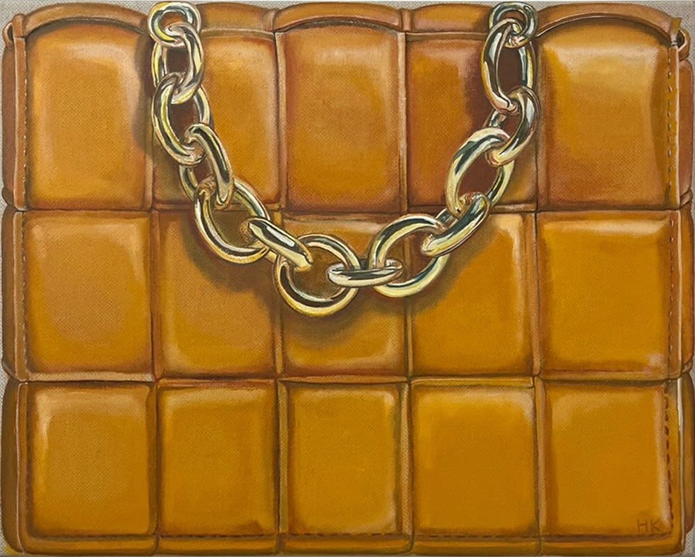 painting of a tan handbag with a gold chain strap