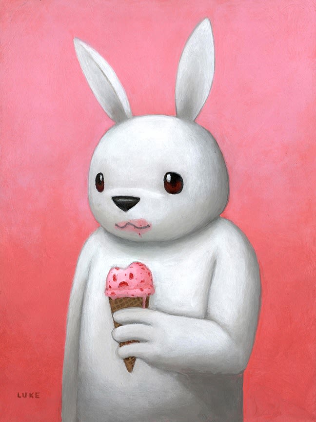 white rabbit eating an icecream cone against pink background