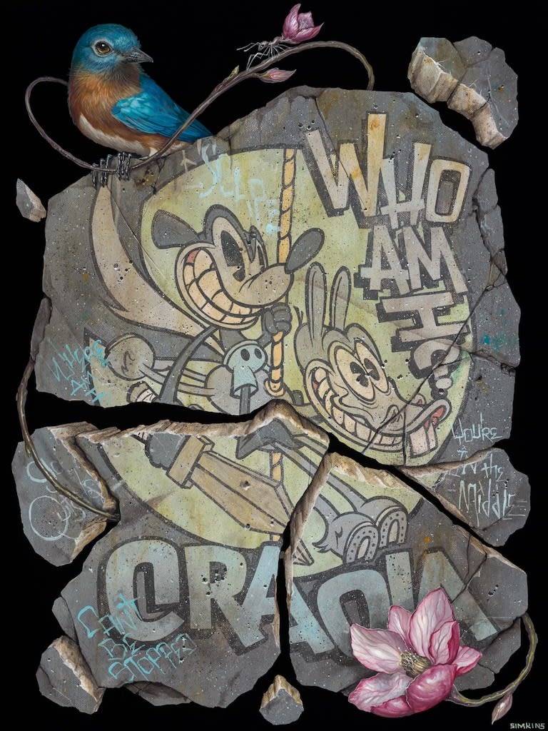 Painting of broken stone with animal illustrations on it and the words 