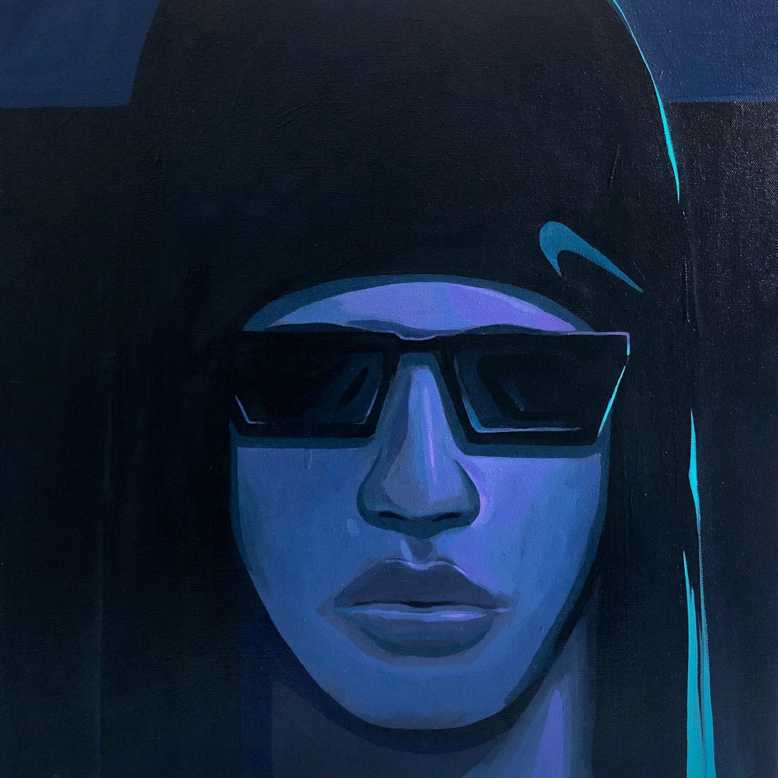 Dennis Brown's painting of a woman wearing a beanie and sunglasses