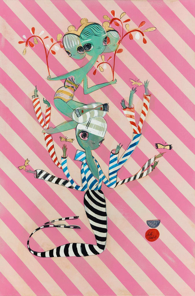 Painting of two nymphs on a striped background by Kelly Tunstall