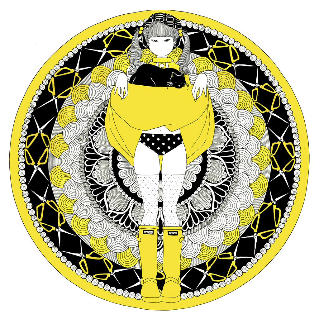 Circular painting of a girl lifting her skirt
