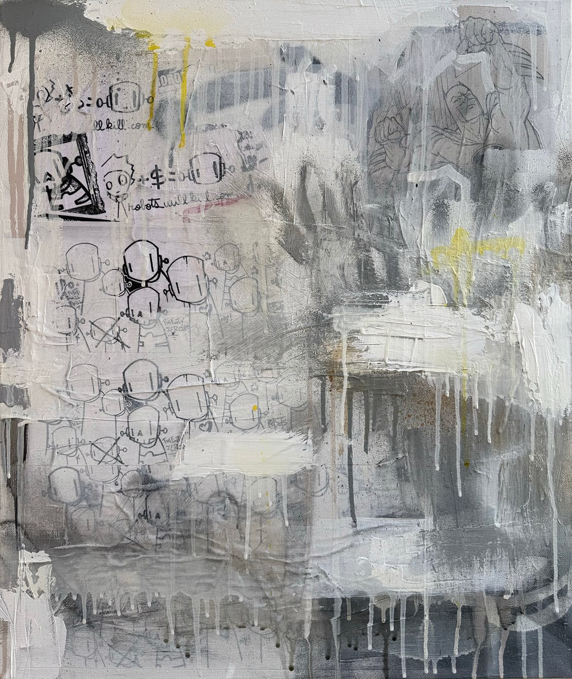 grey mixed medium canvas with spray paint marks and drip marks with small black robot characters