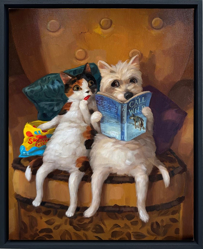 A painting of a dog and a cat sitting on a large brown chair reading a book.