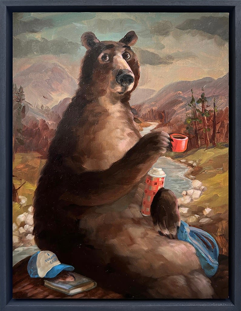 A painting of a brown bear sitting next to a river holding a red cup.