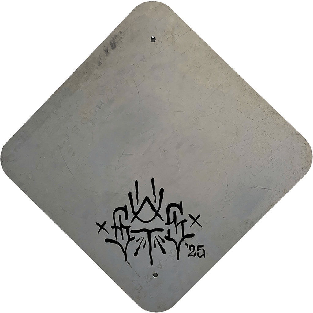 Back of sign with artist GATS's signature.