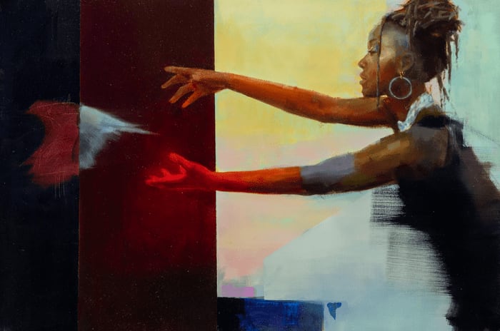 woman with extended arms reaching out towards a bird