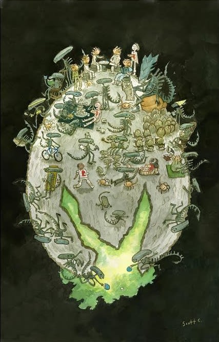 painting of multiple alien creature characters against a black background