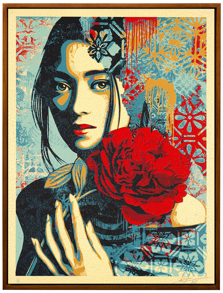 image of a woman holding a flower with various patterns overlaying the blue background in red and yellow