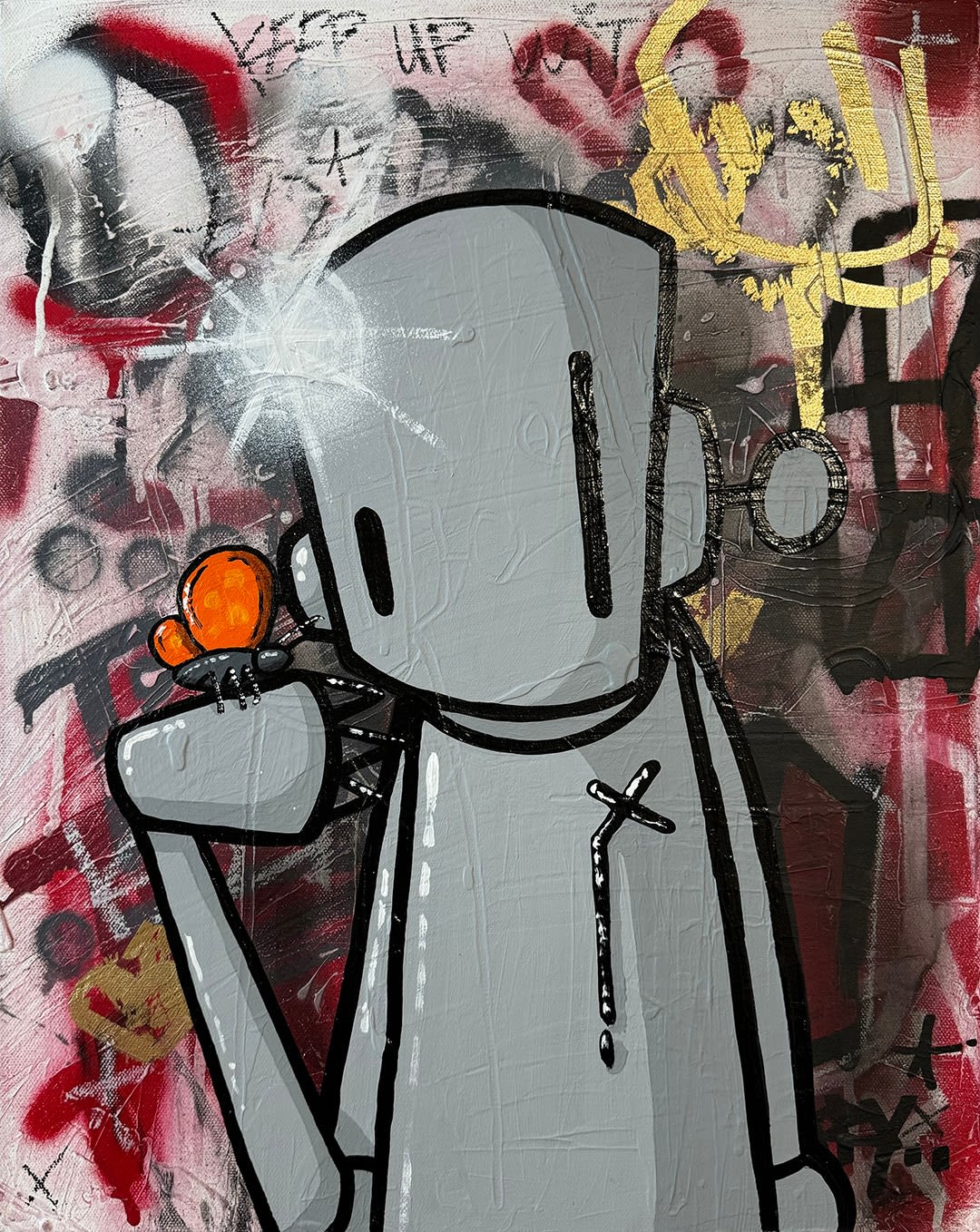 painting of CHRISRWK robot character holding a butterfly
