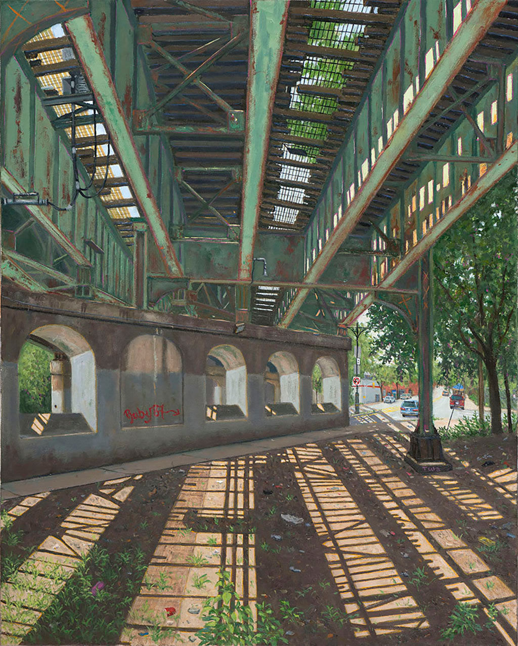 Painting by Valeri Larko of an elevated train platform