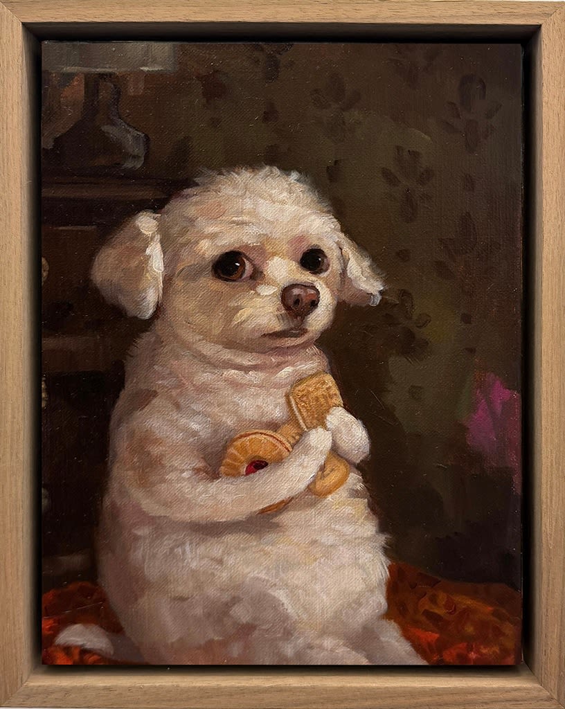 A painting of a white dog holding biscuits and cookies.