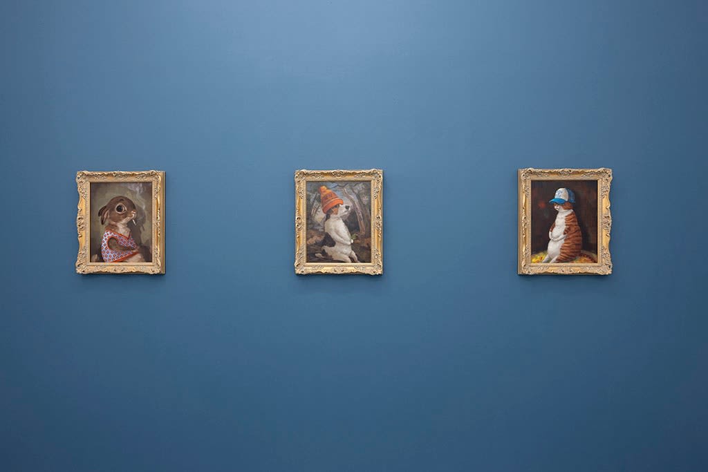 Install photo of Alison Friend's paintings hanging on a blue wall