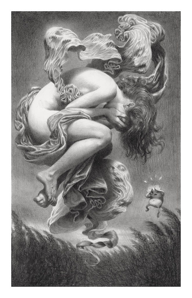 Pencil drawing of floating nude woman surrounded by fabric.