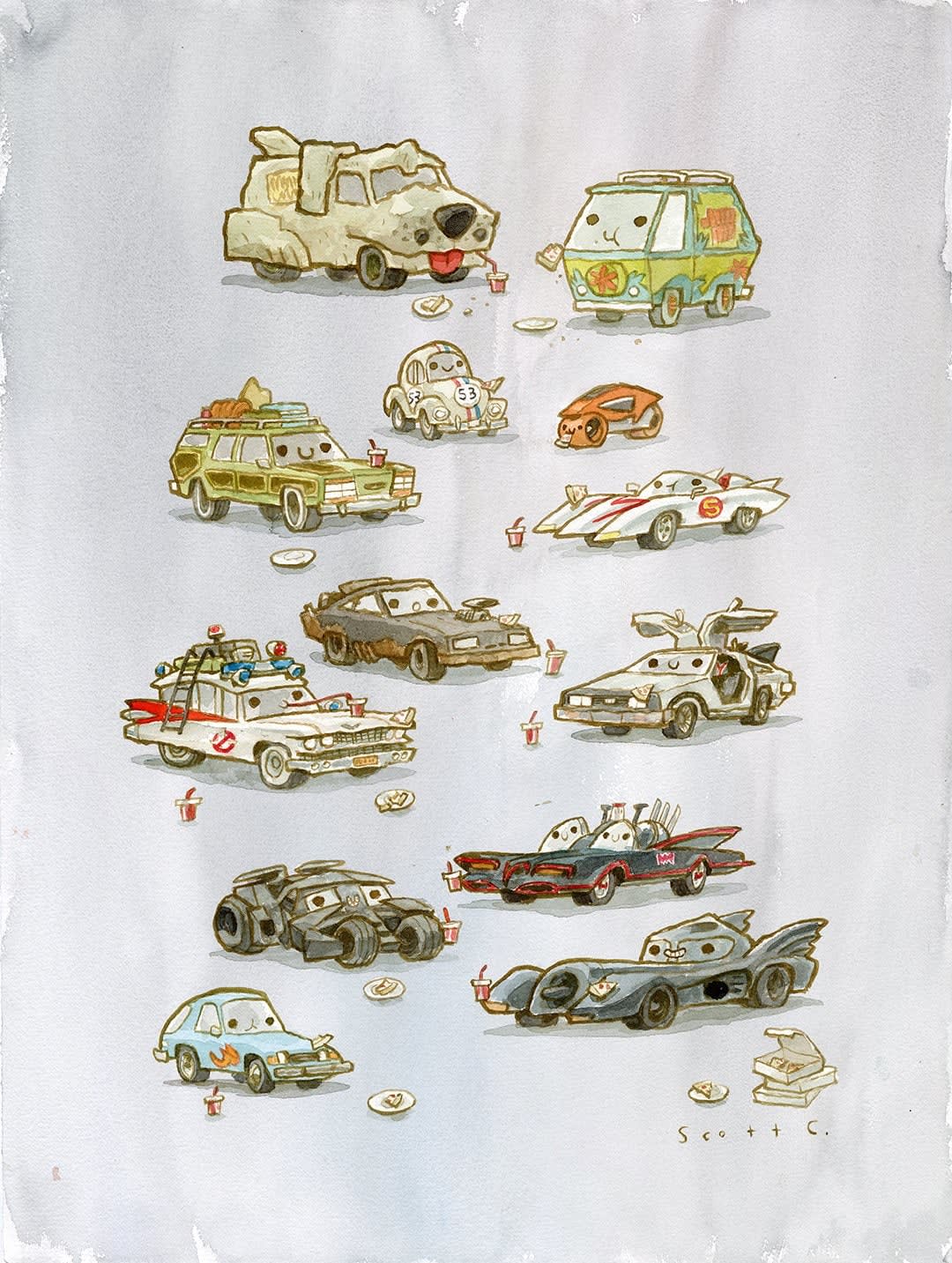 famous cars from movies and tv eating pizza