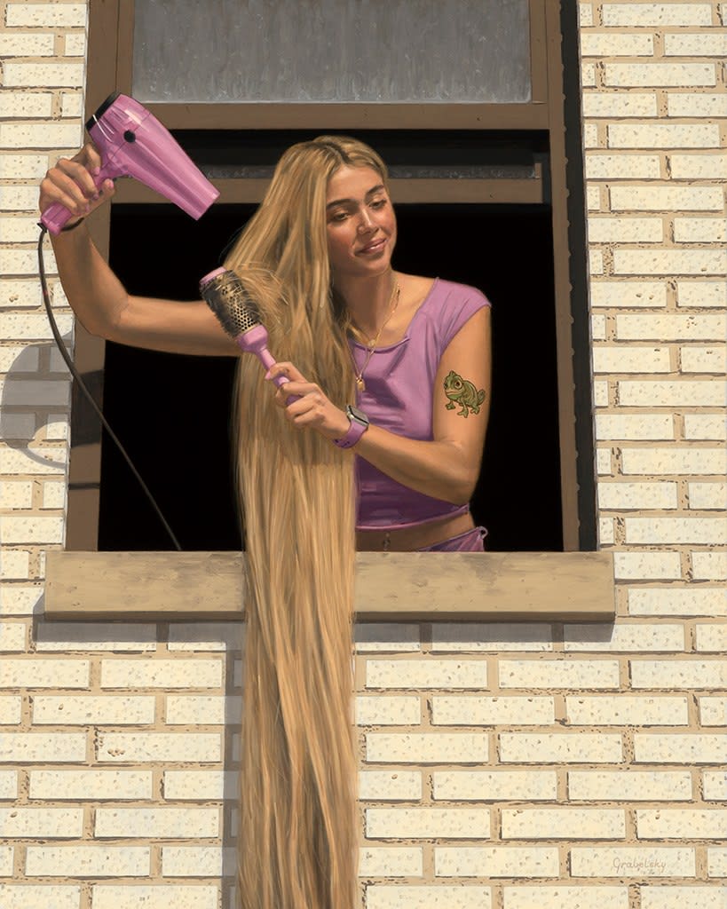 Painting of a woman leaning outside a window blowdrying her long blonde hair
